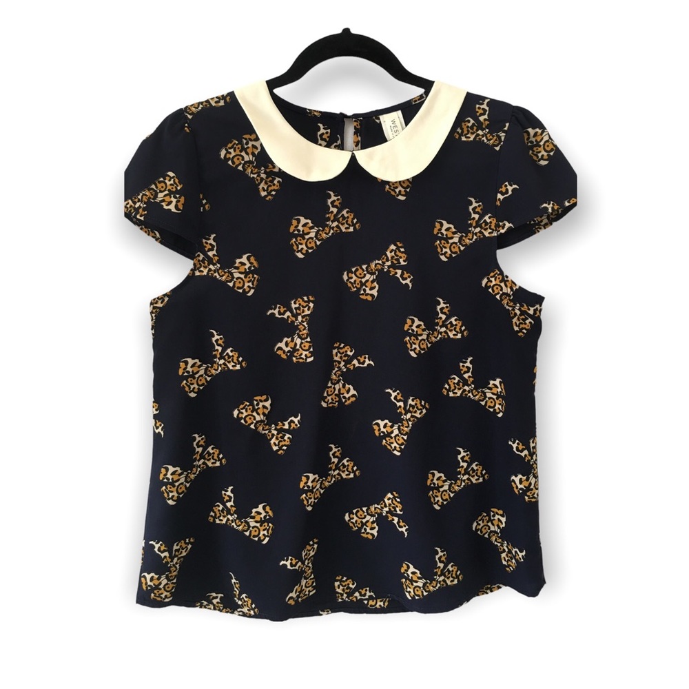 🔴 Westmoon Bow Tie Print Midnight Blue Blouse Top